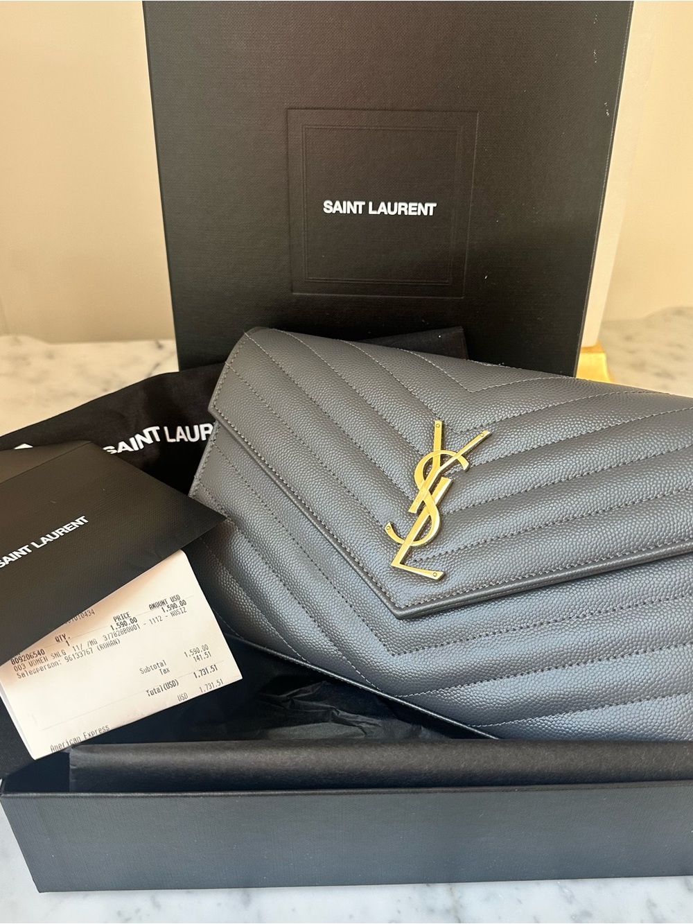 Saint Laurent YSL Quilted Leather Envelope Wallet on Chain - Gray